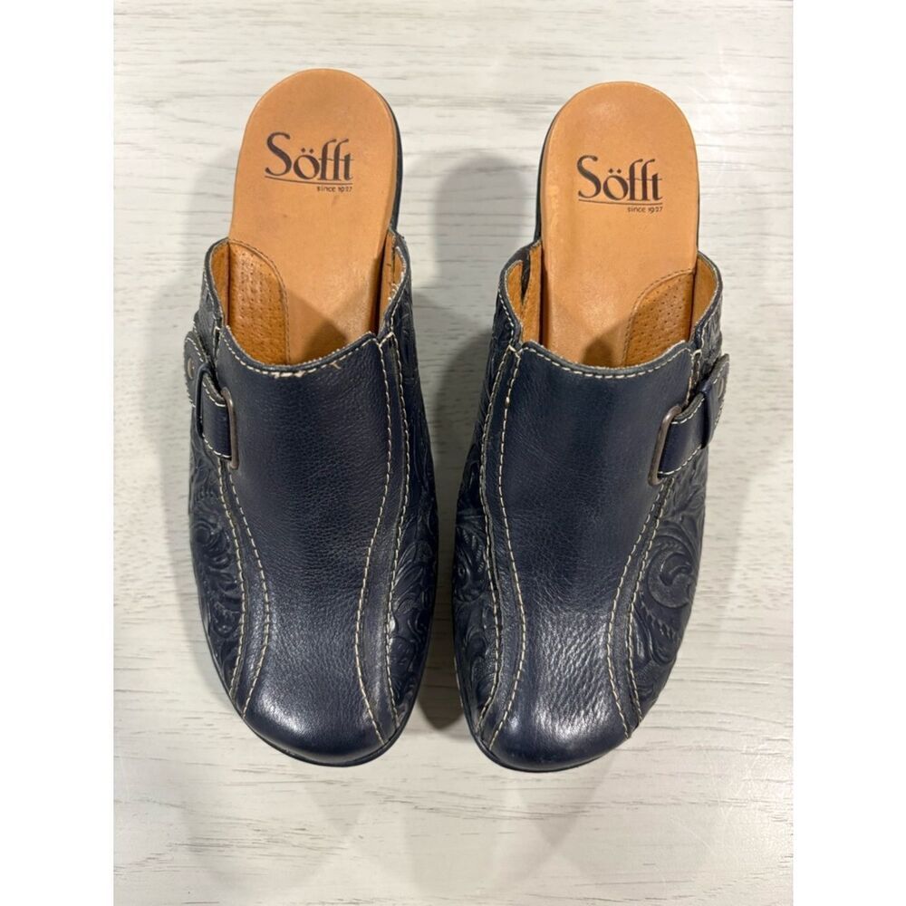 Söfft Navy Leather Slip-On Clog Mule with Embossed Side Detail